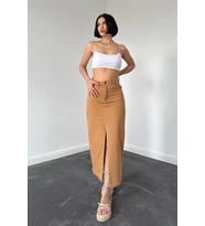 Camel Gabardin Boyamalı Püsküllü Etek