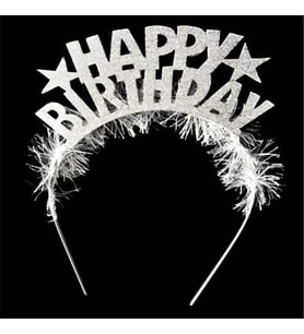 Tüylü Simli Happy Birthday Taç (Gümüş)