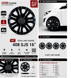 Hyundai Uyumlu 16 Inç Kırılmaz Parlak Siyah Jant Kapağı 1 Takım 4 Adet No:408