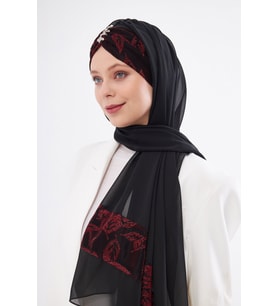Bordo Taşlı Arkadan Bağlamalı Şal Şifon Çiçek Desenli 2319_16