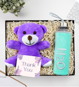 Mor Peluş Ayıcık & Peluş Kılıflı Turkuaz Renk Cam Matara