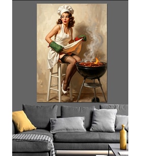 Mangalda Etli Pin-Up Aşçı Dekoratif Kanvas - Mdf Ahşap Tablo
