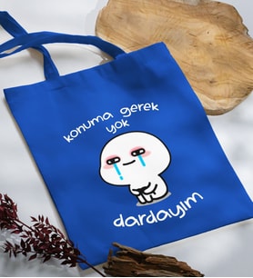BK Gift Dardayım Tasarımlı Mavi Kumaş Bez Çanta, Baskılı Omuz Çantası, Alışveriş Çantası, Arkadaşa Hediye-1