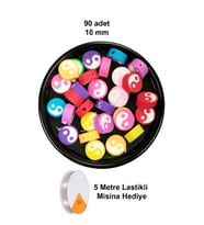 90 Adet 10 mm Polimer Kil Fimo Boncuk Takı Bileklik + 5 Metre Lastikli Misina Hediye - Renkli Yin Ya