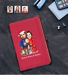 Kişiye Özel Yılbaşı Aile Karikatürlü Kırmızı Defter Model-3