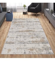 Krem Abstract Desen Yıkanabilir Kaymaz Taban Leke Tutmaz Modern Salon Halısı ve Yolluk (Bej)