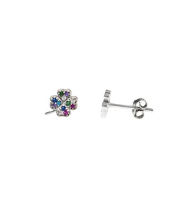 Multicolor Zirkon Taşlı Yonca Yaprağı Tasarım 925 Ayar Gümüş Kadın Küpe (Üç Renkli Mavi)