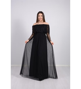 Beli Lastikli Dantelli Elbise - Siyah
