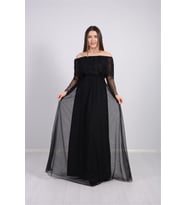 Beli Lastikli Dantelli Elbise - Siyah