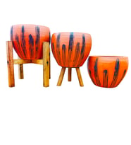 Bitki Tasarımı siyah Çizgi Desenli Terrakota Toprak Saksı Saksılık Salon Çiçeklik Üçlü Set - 15 Cm