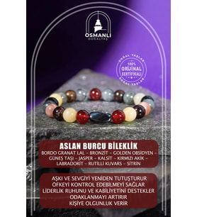 Aslan Burcu Bileklik Bordo Granat Lal, Bronzit, Golden Obsidyen, Güneş Taşı, Jasper, Kalsit, Kırmızı