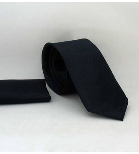 Koyu Lacivert Slim Fit (ince) Düz Renk Mendilli Saten Kravat - SS-24 (Renksiz)