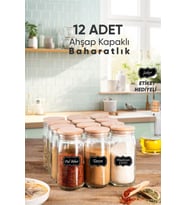 12’li 370 ml Cam Baharatlık Seti  Ahşap Kapaklı & Etiket Ve Mini Kaşık Hediyeli