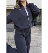 Neşeli butik kadın fermuarlı 3 iplik eşofman takımı NB0018 - Antrasit