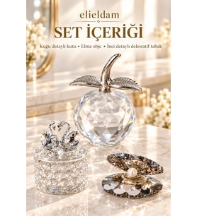 Kuğulu Kutu & Elma Obje & İnci Tabak Kristal Görünümlü Dekoratif Set