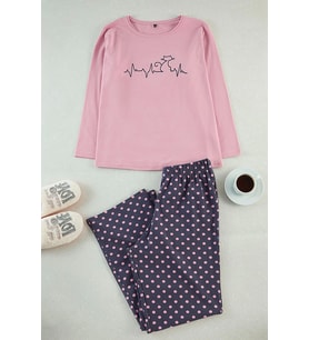 Tarz Rahat Büyük Beden Uzun Kollu Dar Paça Çiçek Desenli Desenli Örme Pijama Takımı (Çok Renkli)