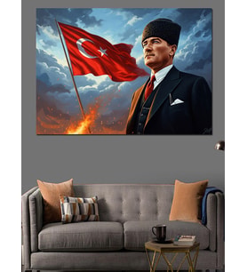 Türk Bayrağı Ve Atatürk Portresi Dekoratif Kanvas - Mdf Ahşap Tablo