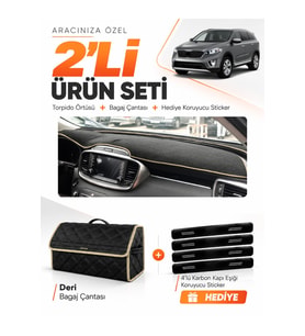 KİA SORENTO (2015-2018) Uyumlu Torpido Örtüsü + Deri Bagaj Çantası + Sticker Seti - Siyah Bej