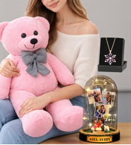 Muhteşem Set Pembe Peluş Ayıcık Kişiye Özel Led Işıklı Fanus ve Gerçek Ametist Taşlı Lotus Kolye (Model 10)