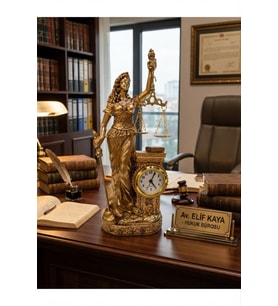 Hukuk Bürosu MasaÜstü Lüks Polyester Terazili Adalet Hukuk Tanrıçası Heykeli Saatli Biblo Gold 25CM