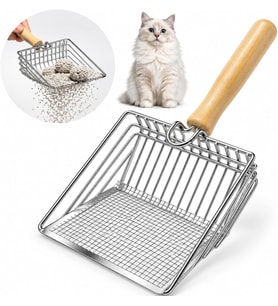 Kedi Kumu Eleme Küreği Paslanmaz Metal Tel Tasarım, Ahşap Saplı, Geniş 15x15 cm Elek Yüzeyi, 27 cm Uzunluk, Dayanıklı ve Kolay Temizlenir Kedi Tuvaleti Kum Küreği