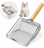 Kedi Kumu Eleme Küreği Paslanmaz Metal Tel Tasarım, Ahşap Saplı, Geniş 15x15 cm Elek Yüzeyi, 27 cm Uzunluk, Dayanıklı ve Kolay Temizlenir Kedi Tuvaleti Kum Küreği