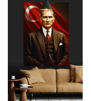 Türk Bayrağı Önünde Mustafa Kemal Atatürk Dekoratif Kanvas - Mdf Ahşap Tablo