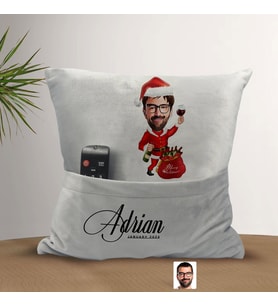 BK Gift Kişiye Özel Erkek Yılbaşı Karikatür Tasarımlı Organizer Kumanda ve Atıştırmalık Cepli Gri Kırlent Yastık-3 Arkadaşa Hediye, Cepli Yastık