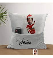 BK Gift Kişiye Özel Erkek Yılbaşı Karikatür Tasarımlı Organizer Kumanda ve Atıştırmalık Cepli Gri Kırlent Yastık-3 Arkadaşa Hediye, Cepli Yastık