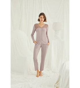 Monamise Kadın Yakası Kolu ve Omzu Dantelli Önü Boydan Düğmeli Pijama Takımı