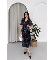 kadın siyah kruvaze yaka desenli midi boy şifon elbise NBK4587