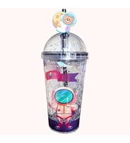PİPETLİ BARDAK MATARA SEVİMLİ SULUK 450 ml  ÇİFT  ASTRONOT FİGÜRLÜ (Mor)