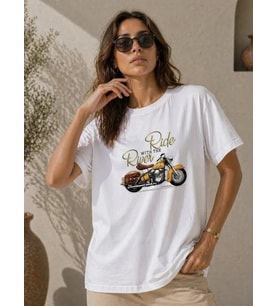 Motosiklet Baskılı Tişört Bisiklet Yaka Kısa Kol Yazlık T-Shirt - Beyaz