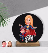BK Gift Kişiye Özel Süper Anne ve Çocuk Karikatürlü Yuvarlak Ahşap Biblo-1