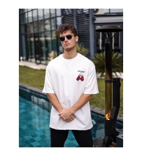 Unisex Bisiklet Yaka Baskılı Oversize T-Shirt - Beyaz