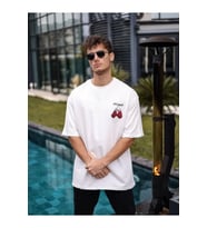 Unisex Bisiklet Yaka Baskılı Oversize T-Shirt - Beyaz