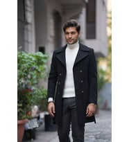 Slim Fit Kruvaze Kaşe Kaban - Siyah