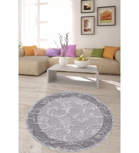 Şal Desenli Modern Dijital Baskı Yıkanabilir Kaymaz Taban Yuvarlak Salon ve Hol Halısı (Gri)