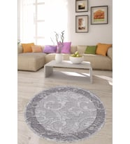 Şal Desenli Modern Dijital Baskı Yıkanabilir Kaymaz Taban Yuvarlak Salon ve Hol Halısı (Gri)