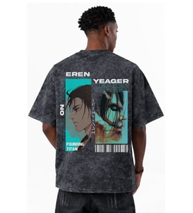 Tasarım Attack On Titan Eren Yeager Anime Baskılı Unisex Oversize Eskitme Yıkamalı Tişört
