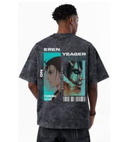 Tasarım Attack On Titan Eren Yeager Anime Baskılı Unisex Oversize Eskitme Yıkamalı Tişört