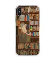 Iphone XS MAX Uyumlu Kedi ve Kütüphane Tasarımlı Şeffaf Telefon Kılıfı