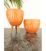 Bitki Tasarımı Dik Çizgi Desenli Terrakota Toprak Saksı Saksılık Salon Çiçeklik İkili Set Ayaksız - 3 Ayaklı- 15 Cm