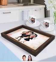 BK Gift Kişiye Özel Sevgililer Karikatürlü Doğal Ahşap Tepsi ve 2’li Kahve Fincan Seti-18