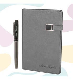 Kişiye Özel Metal Roller Kalem & Metal Detaylı Defter Hediye Seti (Füme)