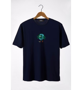 Unisex Lacivert Bisiklet Yaka Önü Dünya Baskılı Oversize T-Shirt 22Y-3400762-65