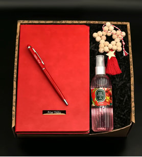 Kişiye Özel Kırmızı Termo Defter& Kırmızı Touch Pen& Eyüp Sabri Tuncer Kolonya& Ahşap Yıldız Model Süs Hediye Seti