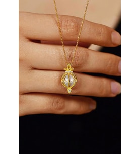 Zirkon Taşlı Gold İncili Kafes Gümüş Kolye