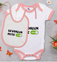 BK Kids Sevdaluk Mode Tasarımlı Pembe Bebek Body Zıbın ve Mama Önlüğü Hediye Seti-1