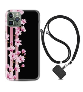 Apple iPhone 11 12 13 14 Pro Max Kılıf Boyun Askılı Silikon Pink Flowers 3 1393